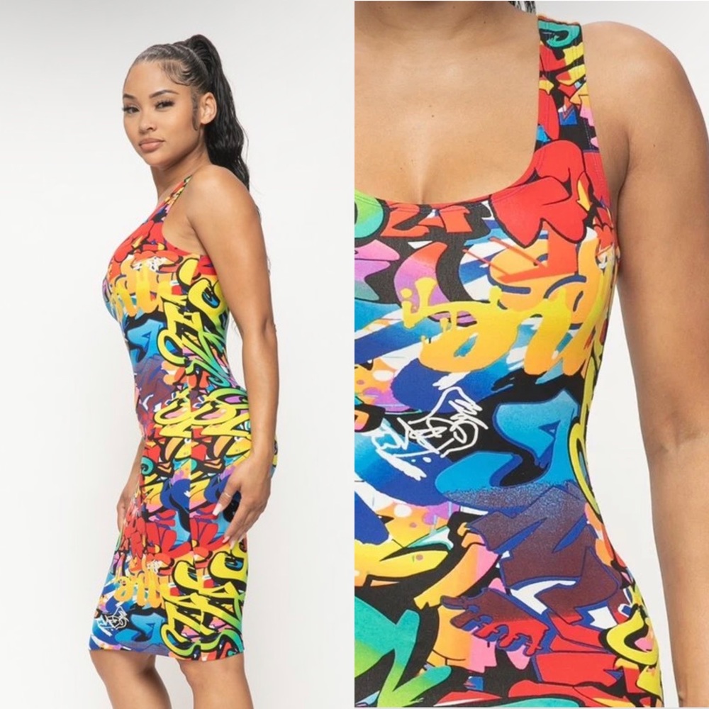 NEW TRENDY MULTI COLOR GRAFFITI TANK TOP BODYCON MIDI DRESS - Picture 9 of 14
